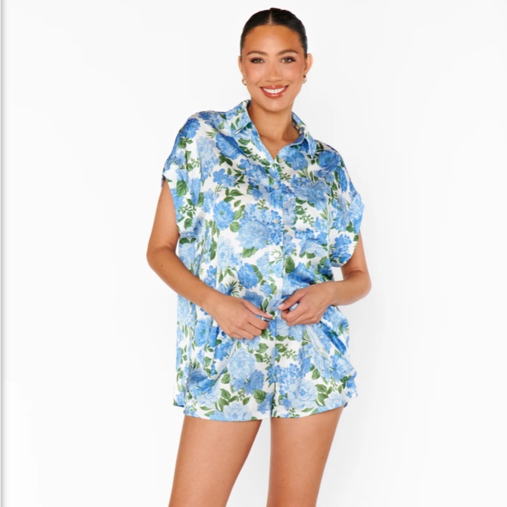 Show Me Your MuMu Cottage Floral Blue silk Pajama Set